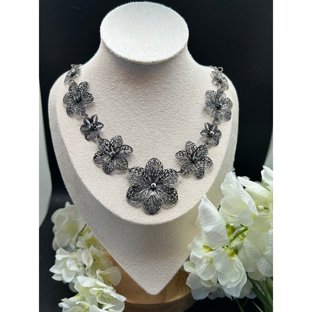 Silver Tone Filigree Flower Necklace - 18" Boho Floral Statement Piece